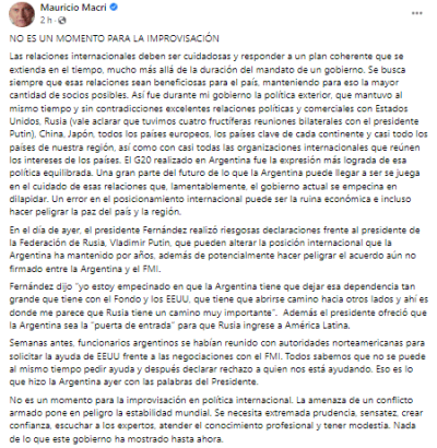Mauricio Macri en contra de las negociaciones con Rusia